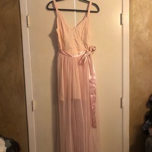 Free People Body Con Blush Pink Ballerina Dress Pleated Tulle Over Skirt Size 12